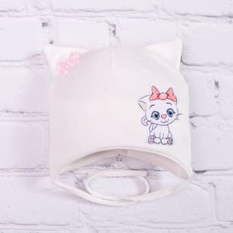 10356 Шапочка трикотажная для мальчика, на завязках, нашивка мишка,  38см - 41см (3-6 мес)