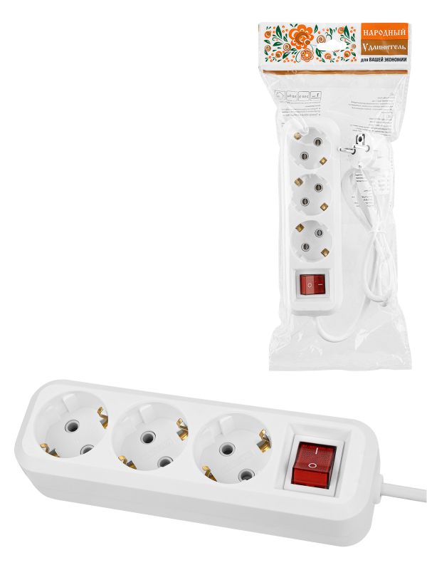 Удлинитель НАРОДНЫЙ 3 гнезда,10 метров,с/з, выкл.,16 А,3680 Вт,белый,У1-33058 SQ1303-1424