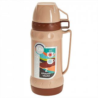 Термос AK-10034S со стеклянной колбой 1,0 2 крышки-чашки,беж Alpenkok