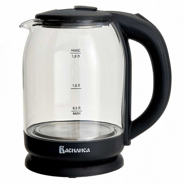 Чайник ВАСИЛИСА ВА-1034 корпус из жаропр. стекла, черный: 1500 Вт, 1,8 л (1