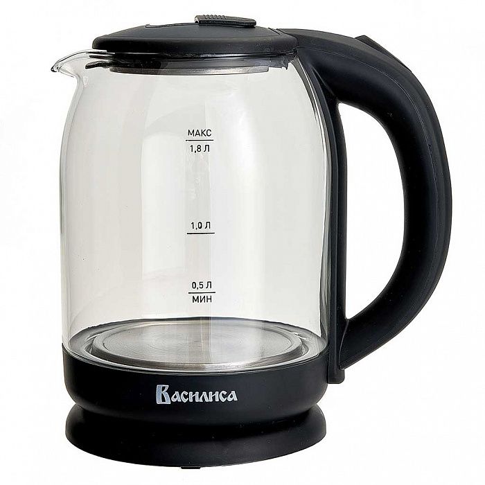 Чайник ВАСИЛИСА ВА-1034 корпус из жаропр. стекла, черный: 1500 Вт, 1,8 л (1
