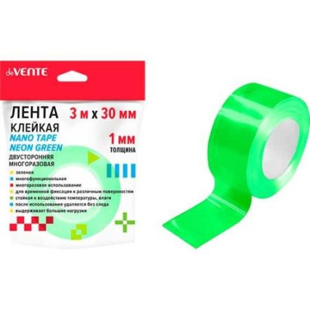 4163408 Клейкая лента двусторонняя, deVENTE «NANO TAPE NEON», 30ммх3 м, зеленый неоновый, многоразов