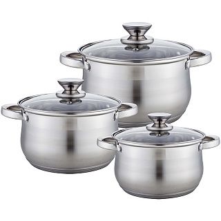 BE-615/6 Набор посуды WEBBER из нерж.стали 6 пр. 2,9л, 5,1л, 6,6л со стеклянными крышками