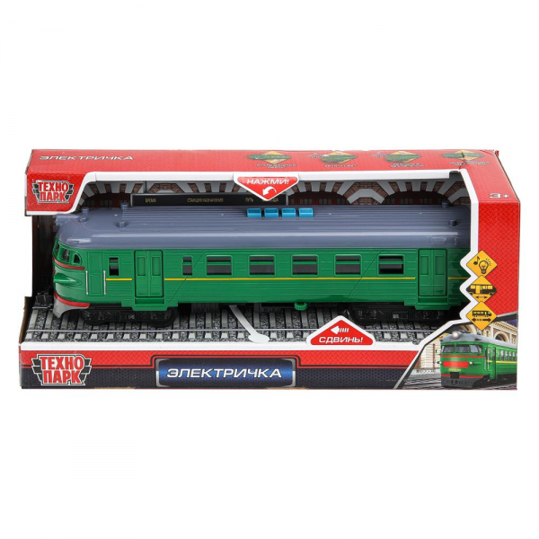 392855 Модель пластик свет-звук ЭЛЕКТРИЧКА 30 см, 4 кнопки, инерц, зелен, кор. Технопарк в кор.