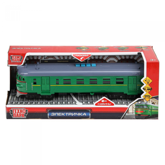392855 Модель пластик свет-звук ЭЛЕКТРИЧКА 30 см, 4 кнопки, инерц, зелен, кор. Технопарк в кор.