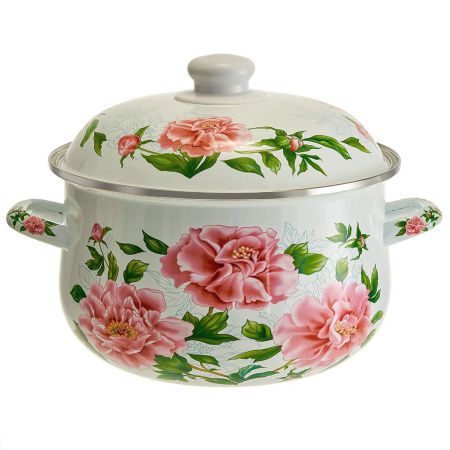 EM-1512 Кастрюля эмалированная с эмалированной крышкой 5 л,d=24см,"Пионы" MetaLLoni