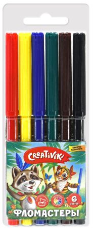 ФЛВ06КР Фломастеры, 6 цветов, Creativiki, легкосмываемые, круглый корпус, вентилируемый колпачок