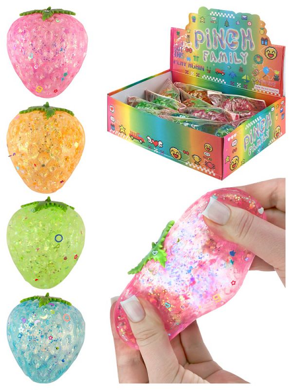 JD3773 Антистресс-мялка "Клубничка" (4 цвета  микс, 12 шт. в шоу-боксе, с блестками) кратно 12