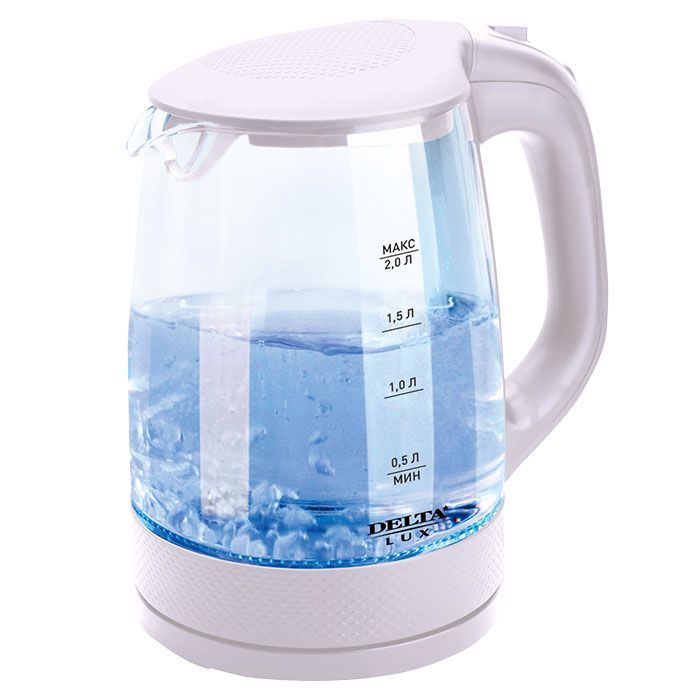 Чайник DELTA LUX DL-1058W корпус из жаропр. стекла, белый: 2200Вт, 2л (Россия)