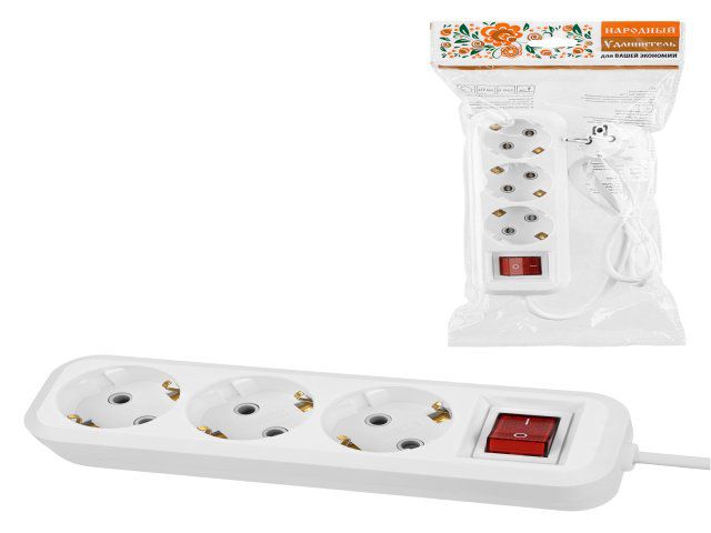 Удлинитель НАРОДНЫЙ 3 гнезда,1,5м,с/з,выкл.,10А,2300Вт,белый, У1-32055 SQ1303-1100