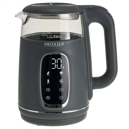 Чайник DELTA LUX DE-1027 корпус из термост. стекла и пластика, LCD дисплей,  серый: 2200Вт, 1,7л