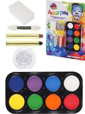 КС-3599 Набор аквагрима для детей-8 шт,каранд-2шт,гель для тела и лица-1шт,спонж 1шт,аппл 1шт