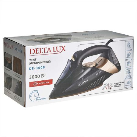 Утюг DELTA LUX DE-3008 черный с золотым : 3000Вт  КЕРАМИКА, АВТОВЫКЛЮЧЕНИЕ, АНТИКАПЛЯ,АНТИНАКИПЬ