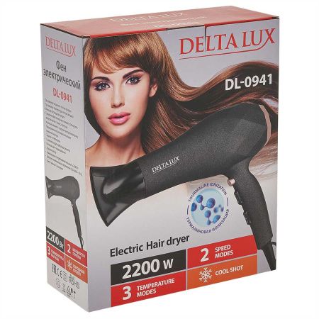 Фен DELTA LUX DL-0941 :ТУРМАЛИНОВАЯ ИОНИЗАЦИЯ, 2200Вт, черный с розовым