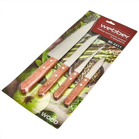 ВЕ-2311 Набор ножей 4 предмета в блистере,WEBBER ручка дерево