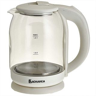 Чайник ВАСИЛИСА ВА-1035, корпус из жаропр. стекла, белый: 1500 Вт, 1,8 л