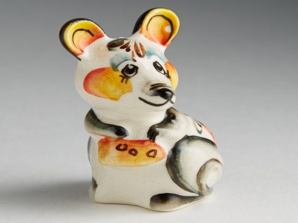 ГУ-0255 Фигурка Мышонок Шуша маленькая, h-6 см, цветная гжель (фарфор, ручная работа)