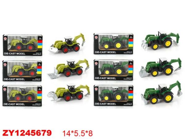 2091396 Трактор 6 видов микс, два цвета, размер машинки 15х5х5,5 см, в коробке