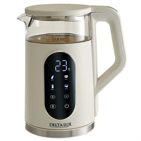 Чайник DELTA LUX DE-1025 корпус из термост. стекла и пластика, LCD дисплей,  белый: 2200Вт, 1,7л
