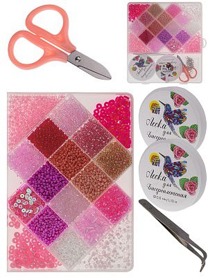 БИС-8391 Набор для бисероплетения (19,5х18см, 18 видов бисера, в боксе) розовый