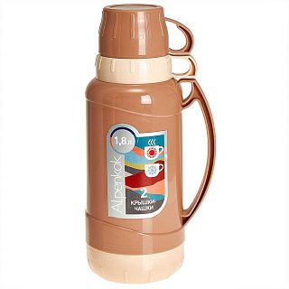 Термос AK-10106S со стеклянной колбой 1,8л, 2 крышки-чашки,беж ALPENKOK