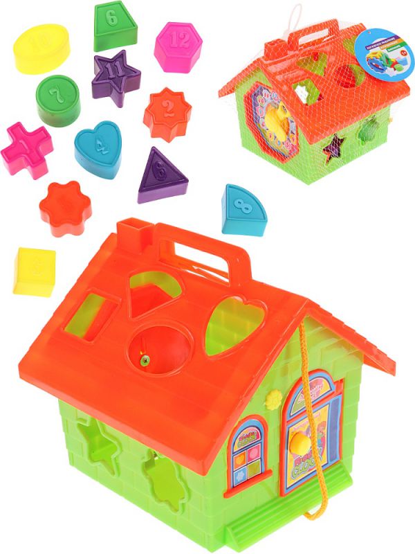 И-1659 Сортер "Домик" (16см*15.5см*15см, длина веревки 20 см), сетка