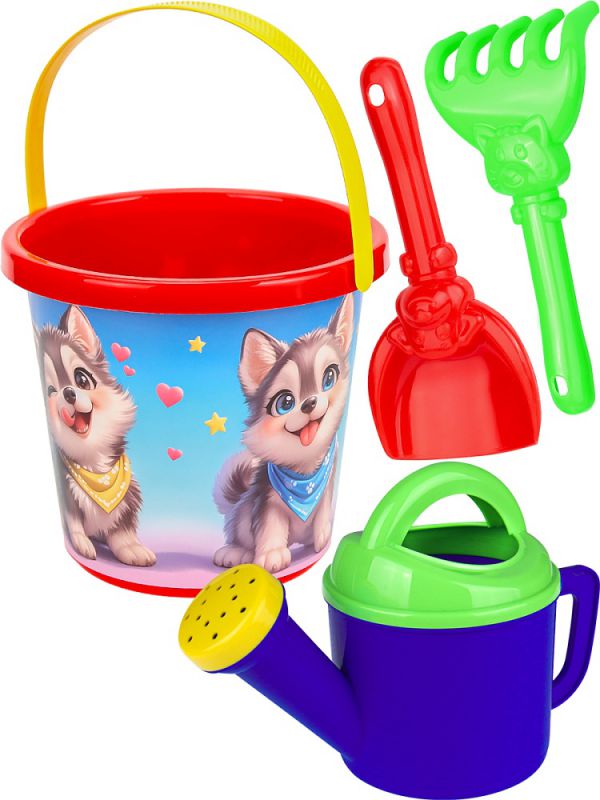 НАБ-4801 НАБОР №118  (ВЕДРО №8 (0.85л.) ВЕСЁЛЫЕ ЩЕНКИ+ лейка+ лопатка 13 см + грабли 13 см)