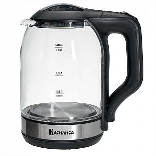 Чайник ВАСИЛИСА ВА-1036, корпус из жаропр. стекла, черный: 1500 Вт, 1,8 л
