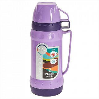 Термос AK-10037S со стеклянной колбой 1,0л, 2 крышки-чашки,лаванд ALPENKOK