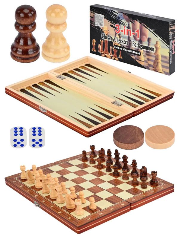 AN00899 Игра 3 в 1 (нарды, шашки, шахматы) 29 см, фигуры-дерево в коробке