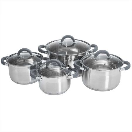 BE-626/8 Набор посуды из нерж.стали 8 пр.WEBBER 2,2л, 3,0л,4,0л,6,6л  стек. крышками"Profi"(4)