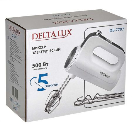 Миксер DELTA LUX DE-7707 белый : 500 Вт,4 насадки,5 скоростн.режимов