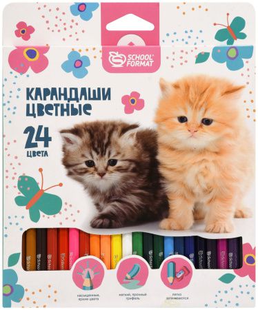 КЦ24-ПШК Набор цветных карандашей, (24шт.), schoolformat «ПУШИСТЫЕ КОТЯТА», Ø2,65мм, HB, 24 цв