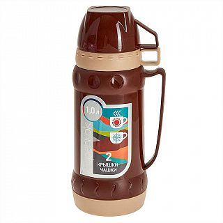 Термос AK-10035S со стеклянной колбой 1,0л, 2 крышки-чашки,корич Alpenkok