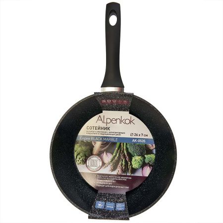 AK-0535 Сковорода-СОТЕЙНИК d=26см,h7cm,алюмин.,ИНДУКЦИЯ, антипр.покр."BLACK MARBLE" ALPENKOK