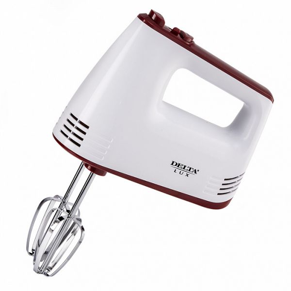 Миксер DELTA LUX DE-7700  белый с бордовым : 400 Вт,4 насадки,5 скоростн.режимов,"Турбо"
